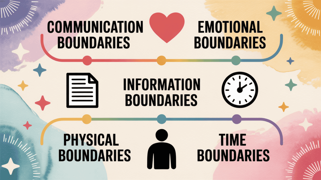Bright infographic listing 5 boundary types—communication, emotional, information, physical, and time—with rainbow color connectors.