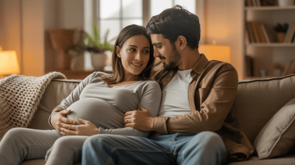 Expectant couple sitting close on couch, smiling and touching pregnant belly in a cozy, warmly lit living room.