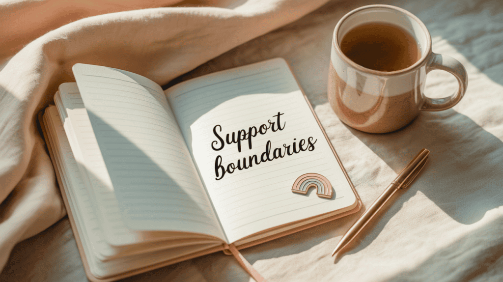 Open journal with “Support boundaries” text, rainbow pin, tea mug, and pen—warm scene for rainbow pregnancy support planning.