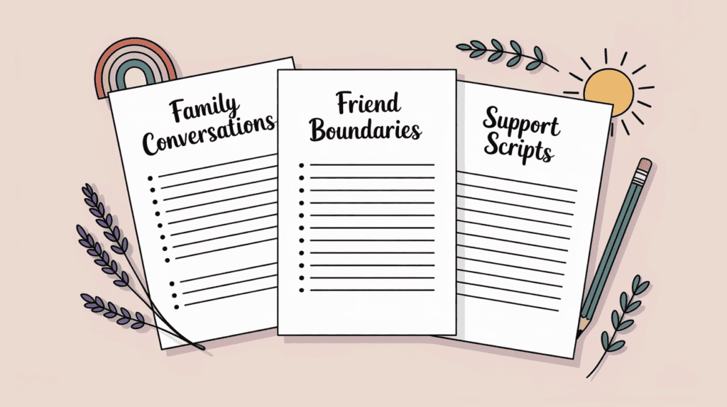 Illustrated worksheets labeled Family Conversations, Friend Boundaries, and Support Scripts with rainbow, sun, and lavender accents.