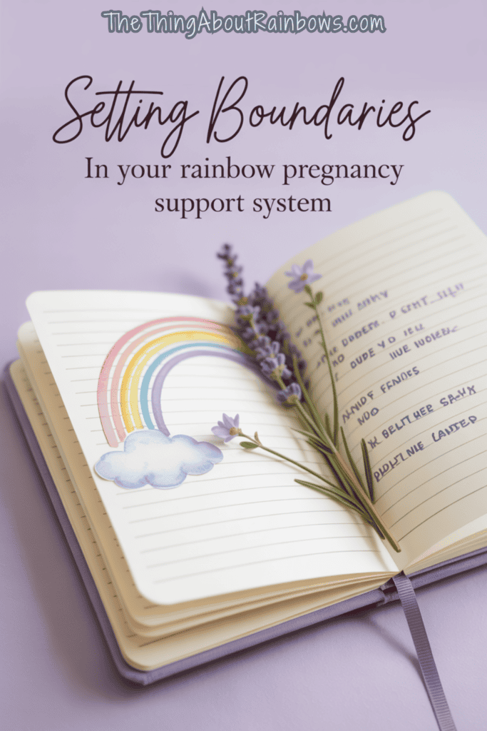 Journal with a rainbow sketch and sprigs of lavender, titled “Setting Boundaries in Your Rainbow Pregnancy Support System.”