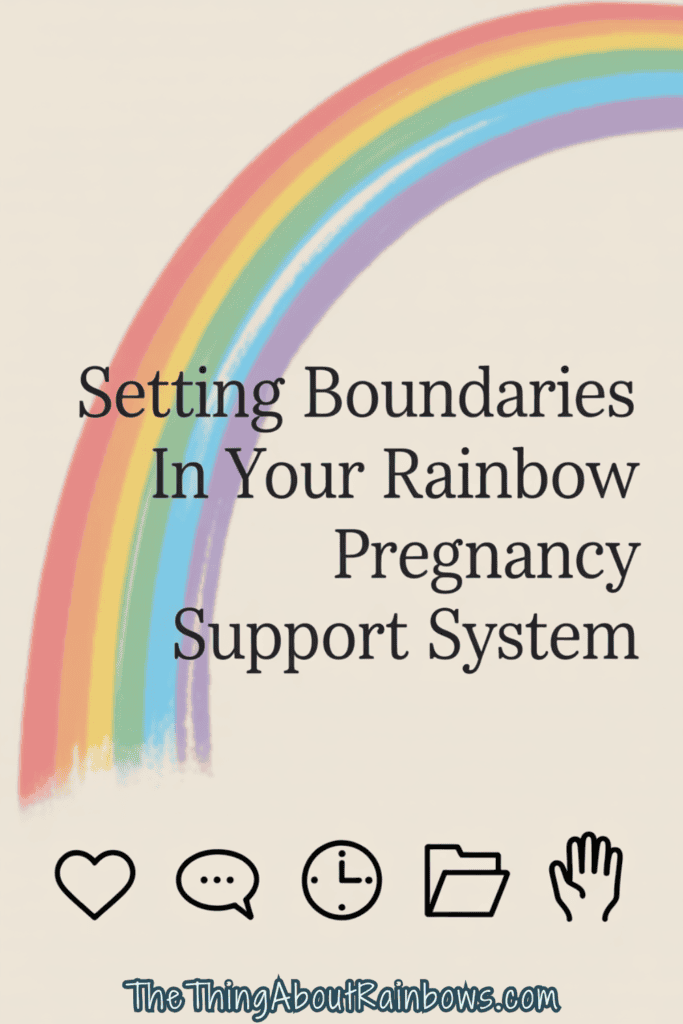 Watercolor rainbow with icons and title "Setting Boundaries in Your Rainbow Pregnancy Support System"