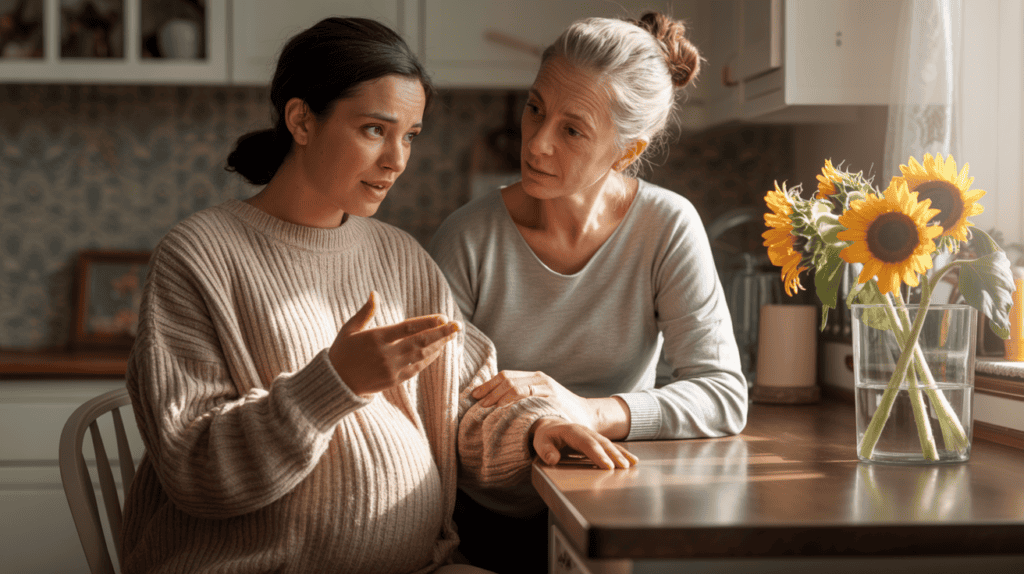 Pregnant woman in beige sweater speaking with older woman at kitchen table, sunflowers in vase, emotional support conversation.